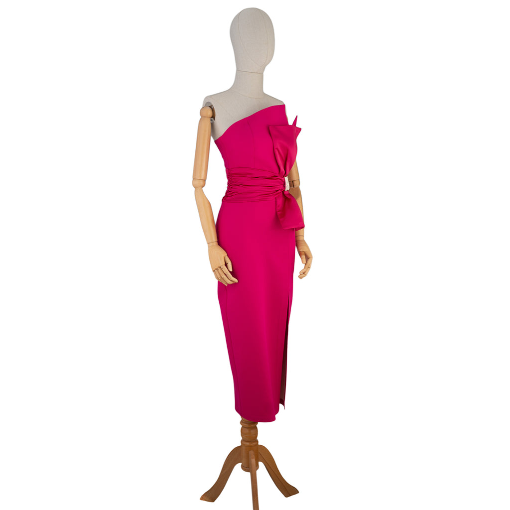 Fuchsia Midi Dress with Decorative Bow and Asymmetric Neckline