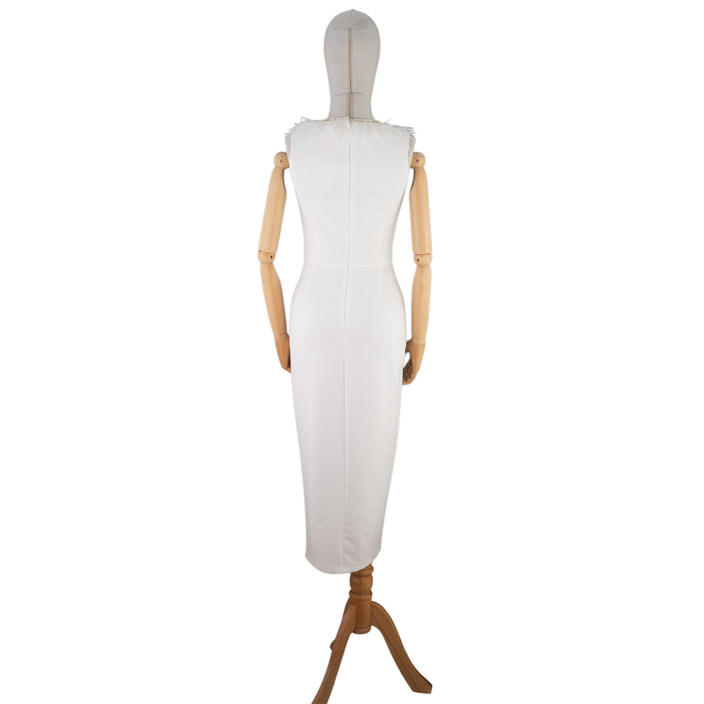 Elegant White Midi Dress with Feathers and Slit