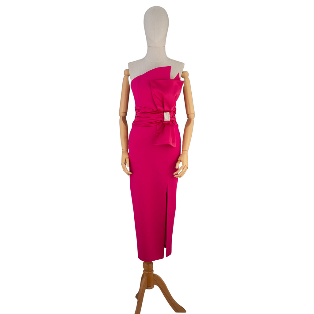 Fuchsia Midi Dress with Decorative Bow and Asymmetric Neckline