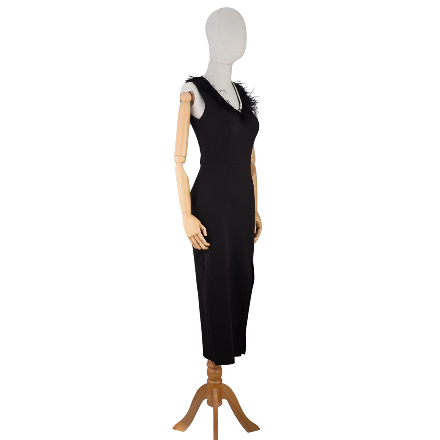 Black Midi Dress with Feathers and Front Slit