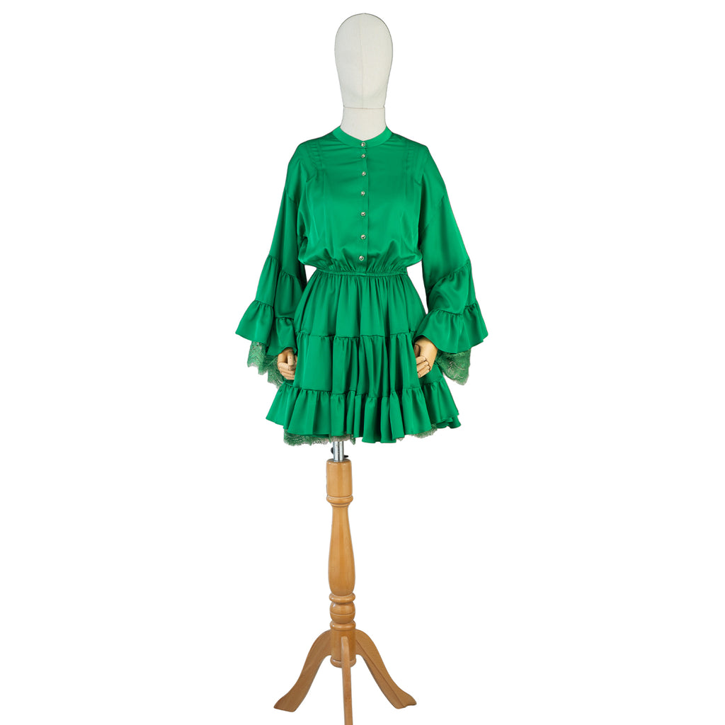 Green Ruffled Mini Dress with Lace Details – Playful &amp; Feminine