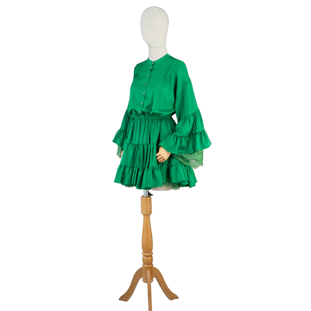 Green Ruffled Mini Dress with Lace Details – Playful &amp; Feminine