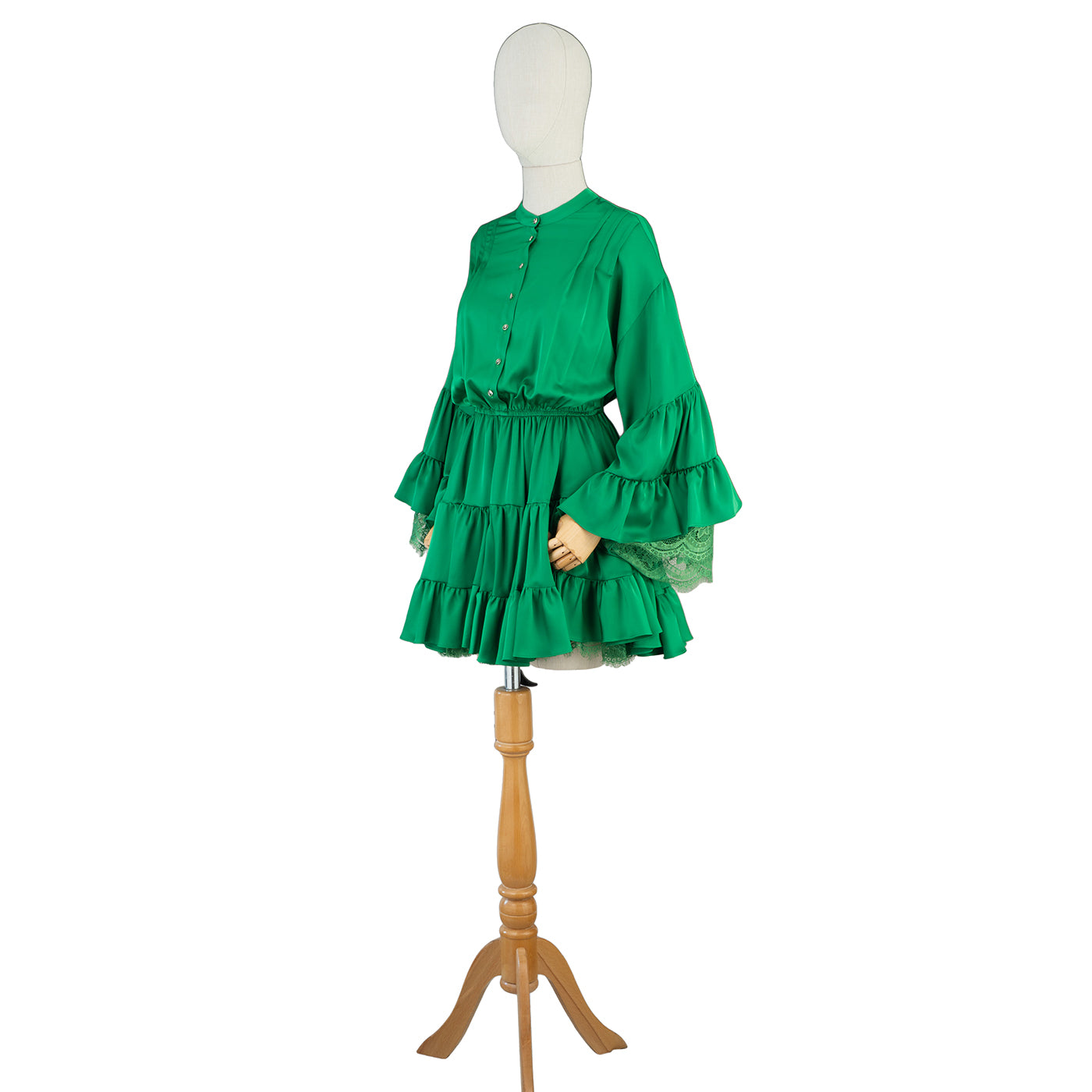 Green Ruffled Mini Dress with Lace Details – Playful &amp; Feminine