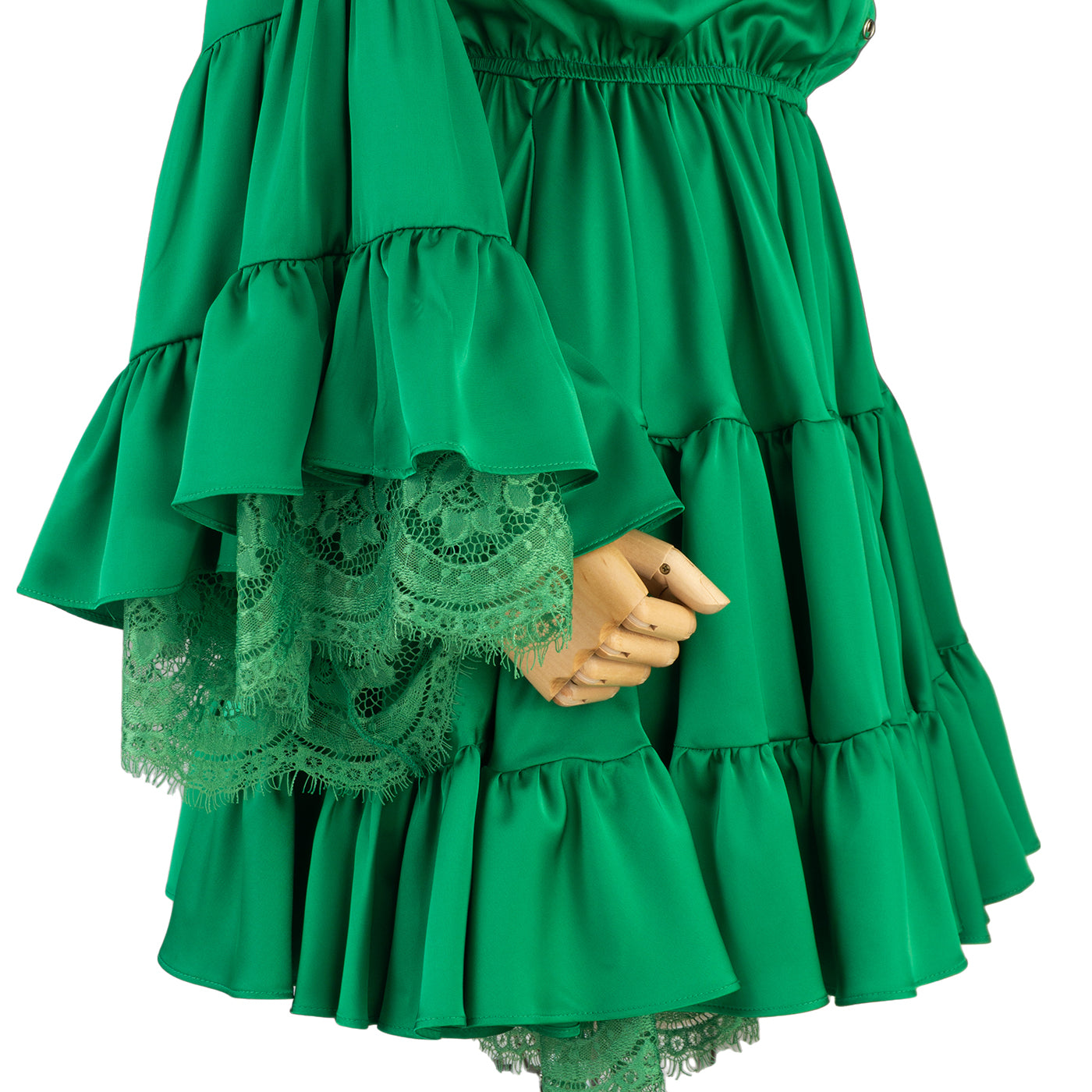 Green Ruffled Mini Dress with Lace Details – Playful &amp; Feminine