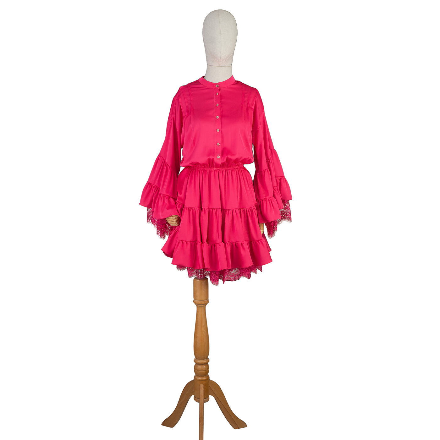 Hot Pink Ruffled Mini Dress with Lace – Bold &amp; Feminine Charm
