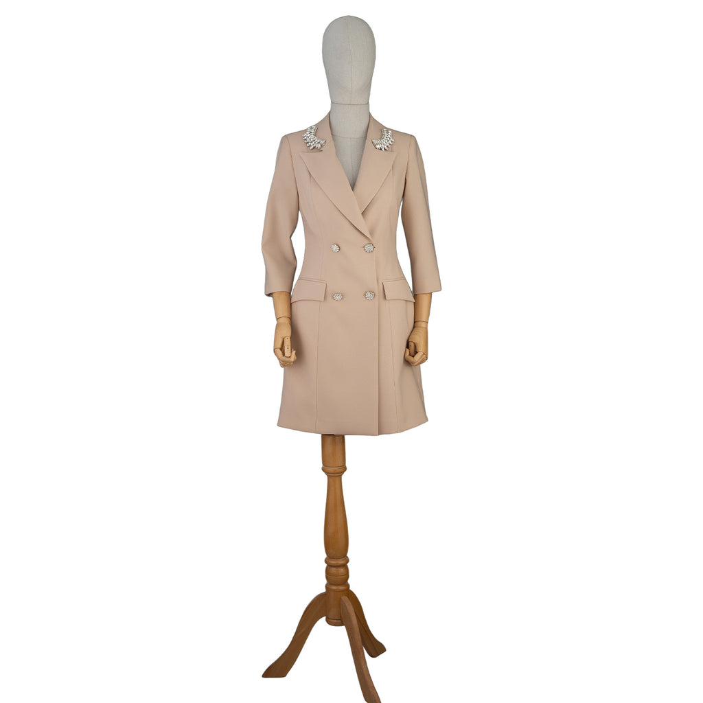 Beige Blazer Dress with Embellished Collar – Refined Smart Chic