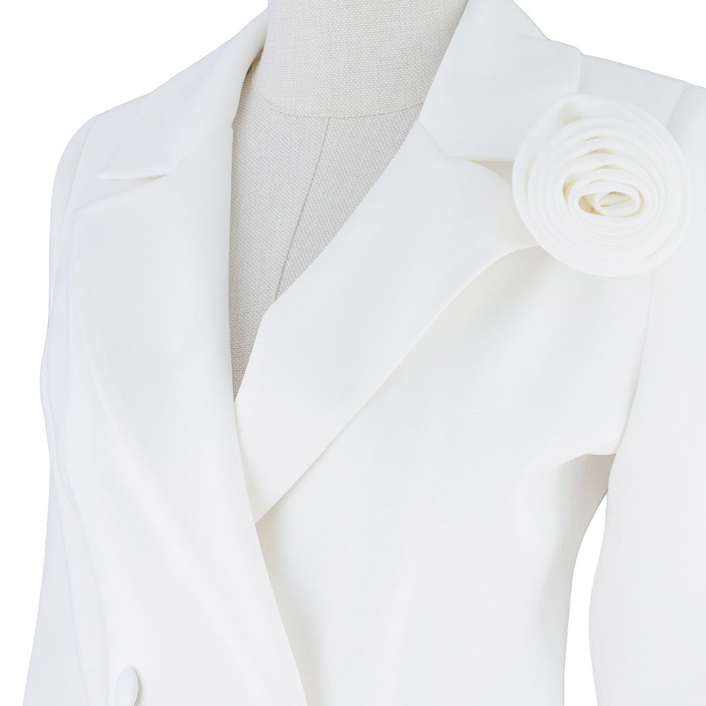 White Women's Blazer Dress with Ruffle and Decorative Flower