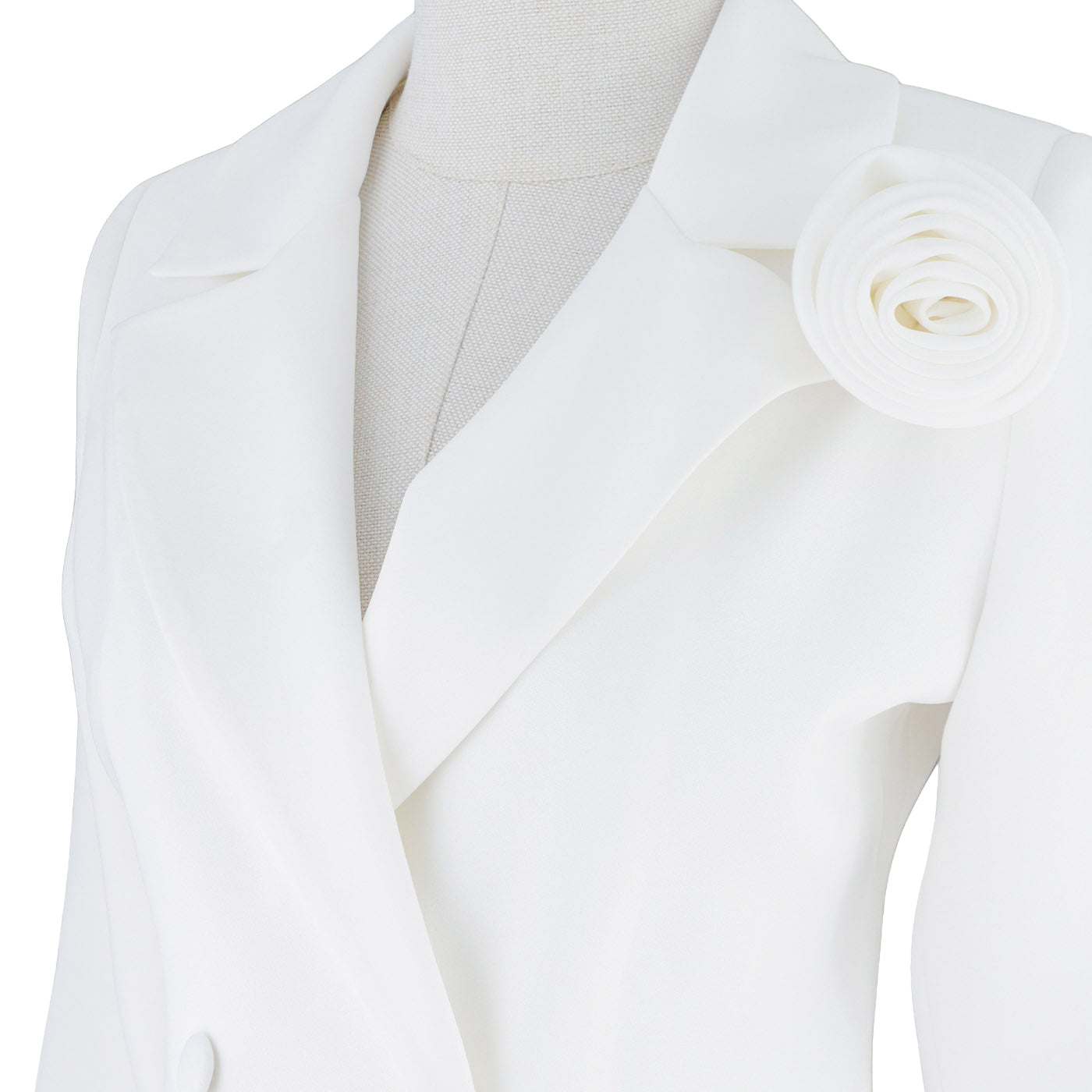 White Women's Blazer Dress with Ruffle and Decorative Flower