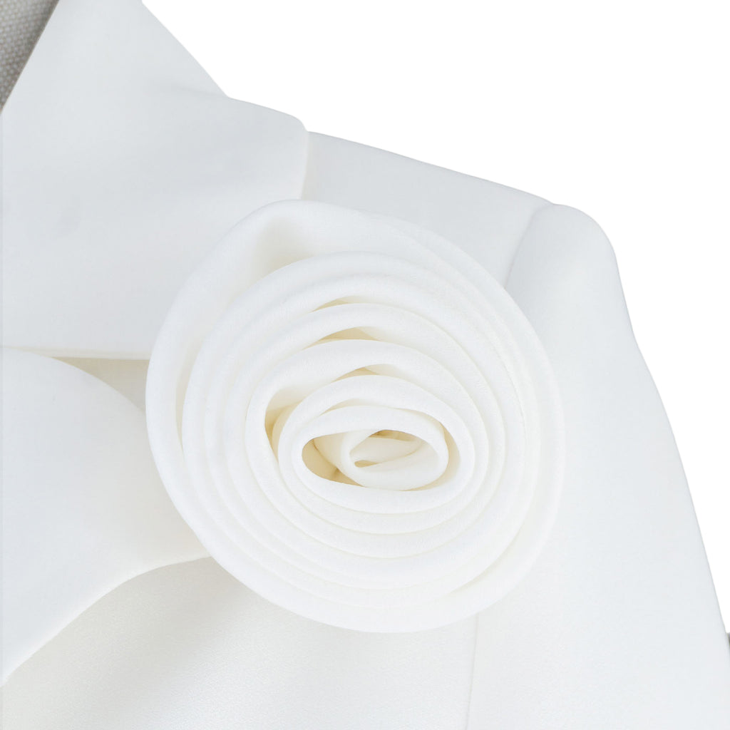 White Women's Blazer Dress with Ruffle and Decorative Flower