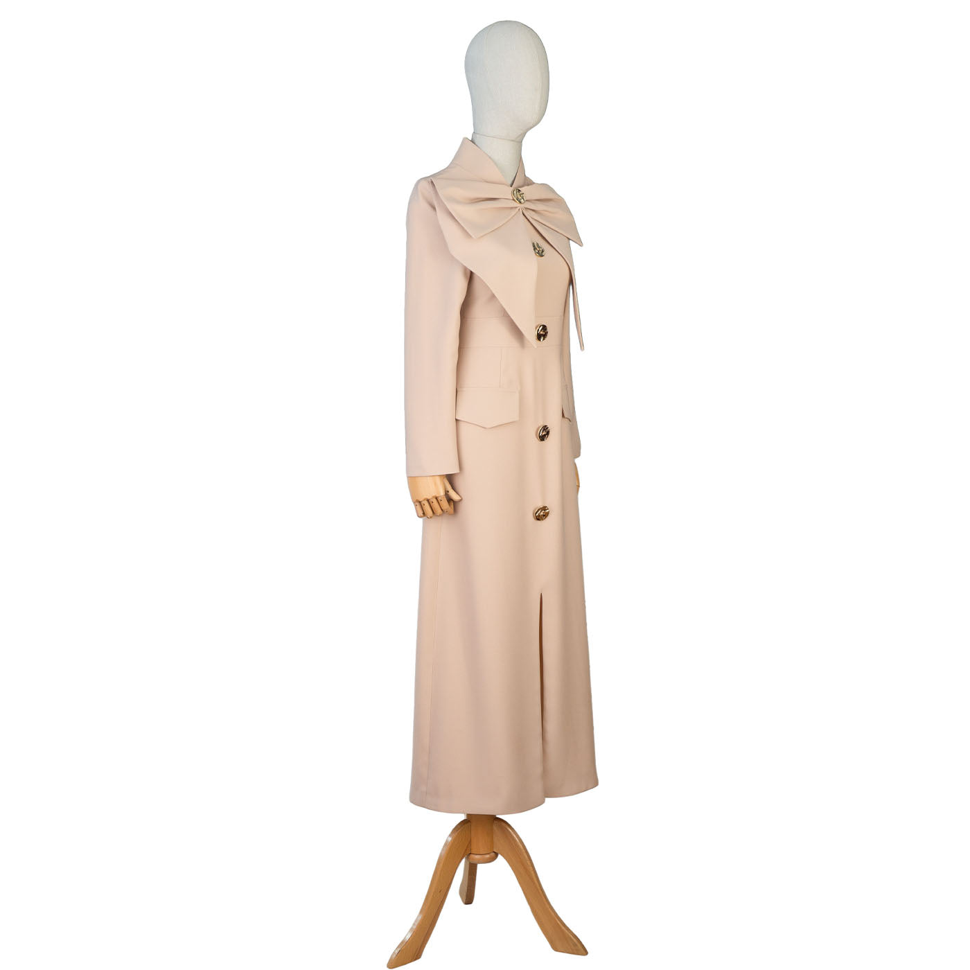 Beige Women's Maxi Coat Dress with Bow and Decorative Buttons