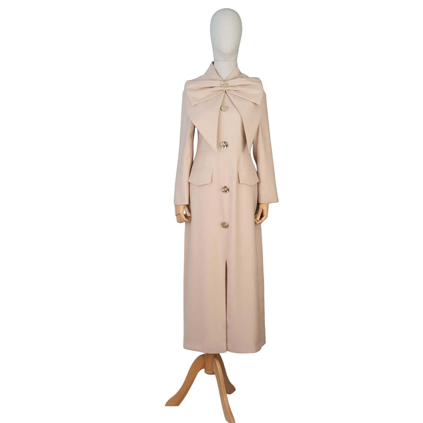 Beige Women's Maxi Coat Dress with Bow and Decorative Buttons