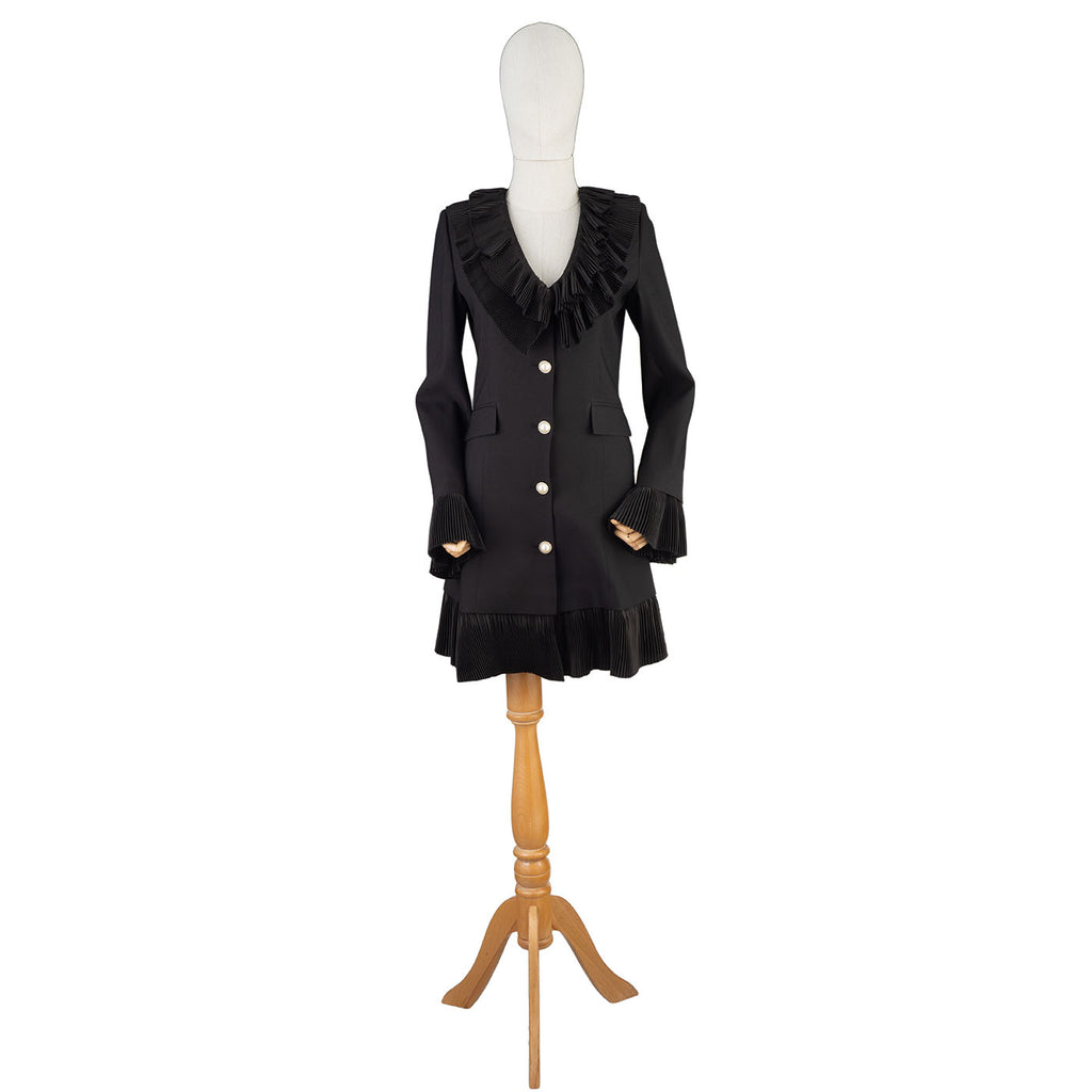 Black Women's Dress with Pleated Ruffles and Pearl Buttons