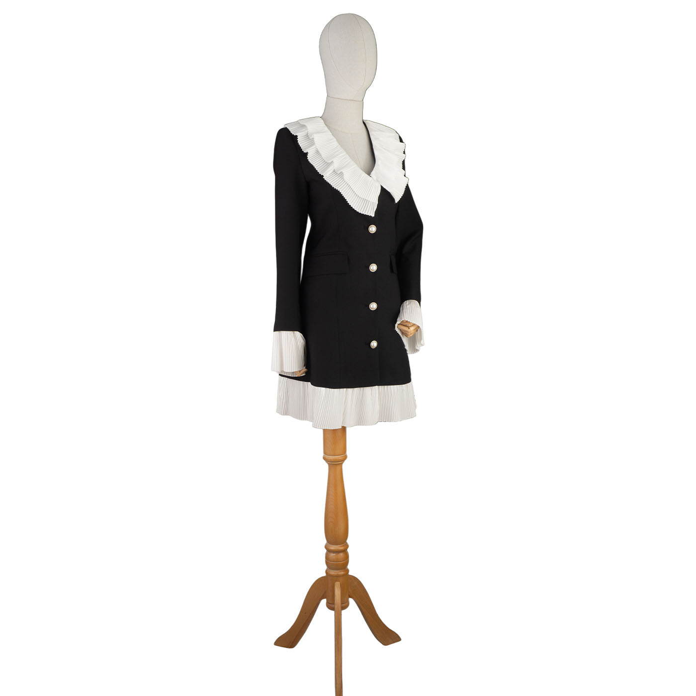 Black Blazer Dress with White Pleated Accents and Pearl Buttons