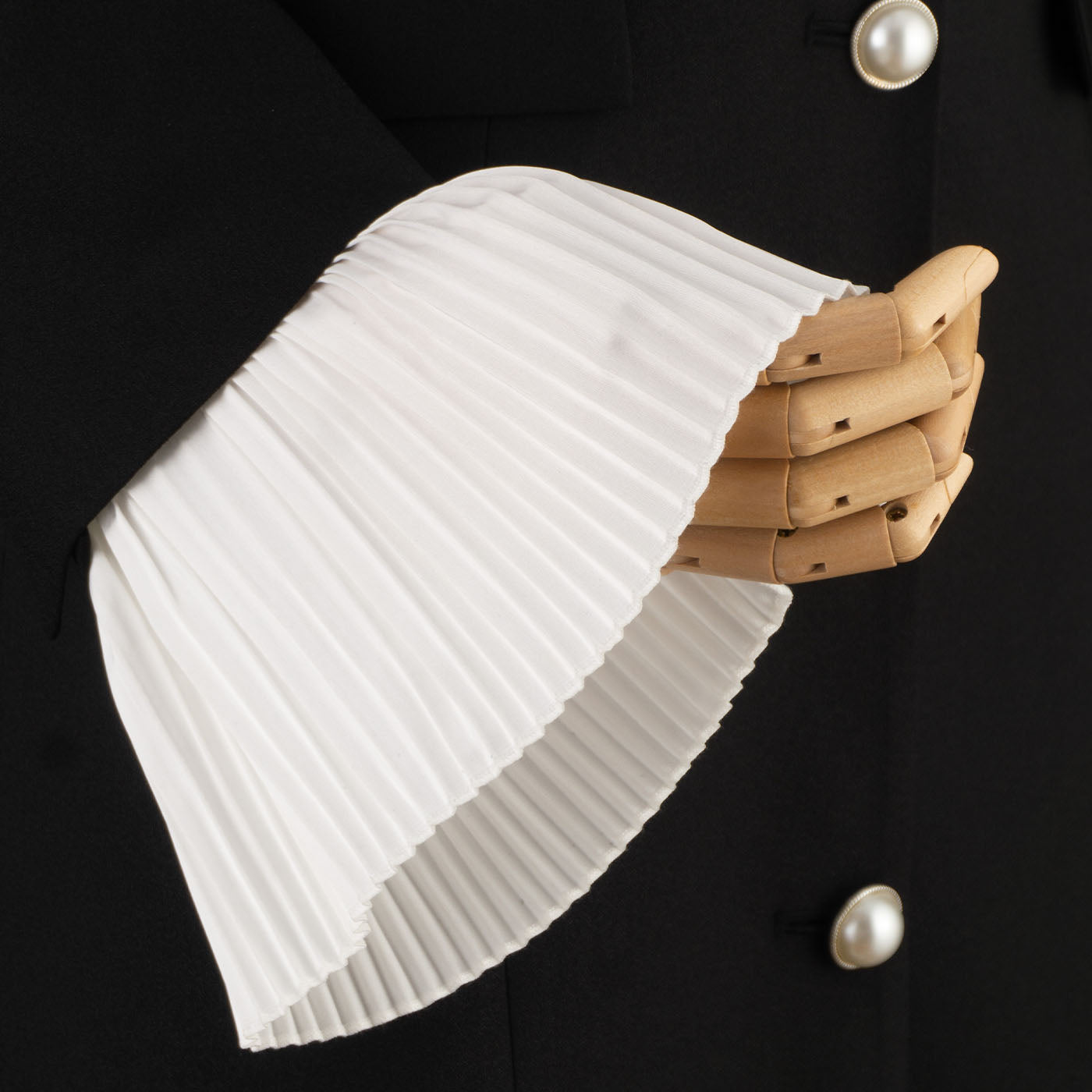 Black Blazer Dress with White Pleated Accents and Pearl Buttons