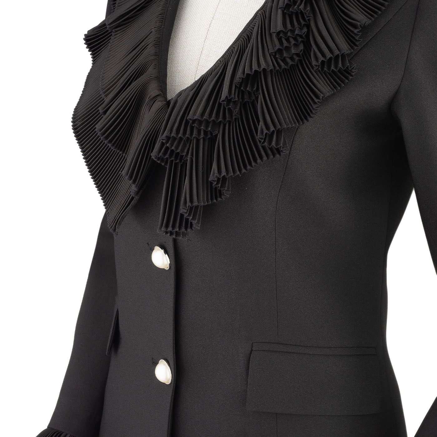 Black Women's Dress with Pleated Ruffles and Pearl Buttons