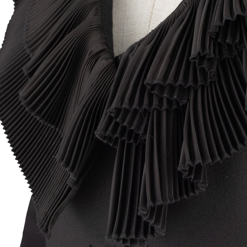 Black Women's Dress with Pleated Ruffles and Pearl Buttons