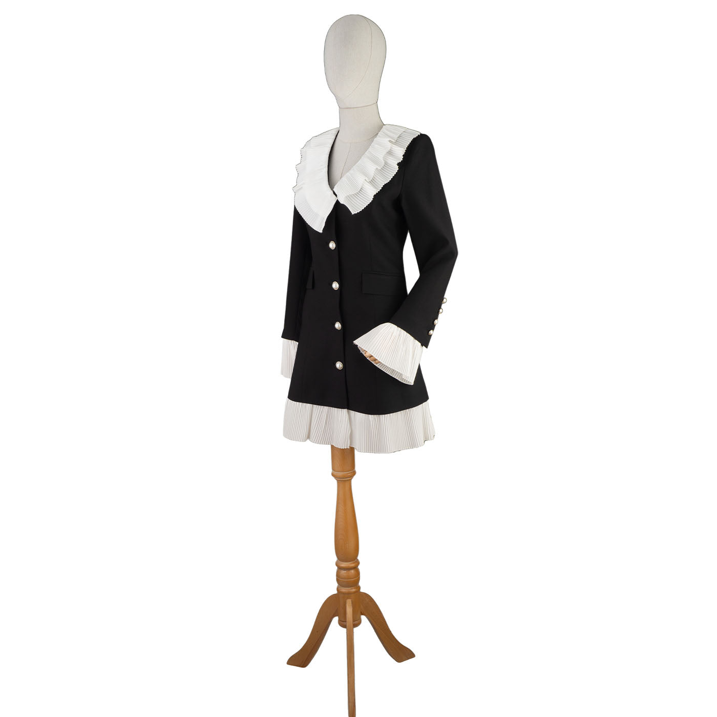 Black Blazer Dress with White Pleated Accents and Pearl Buttons