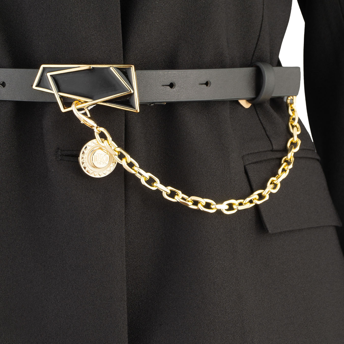 Black Women's Blazer Dress with Chain Belt