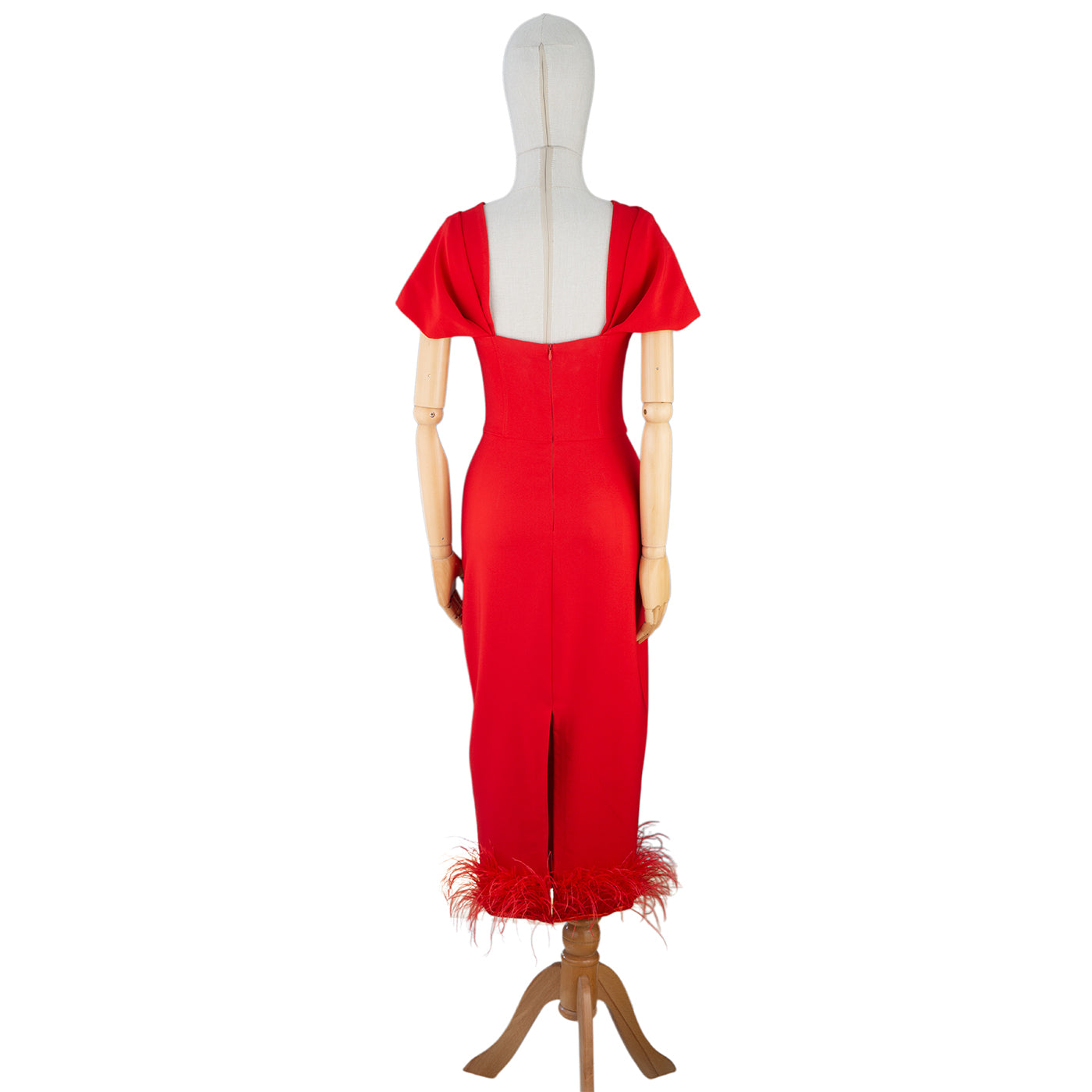 Red Feather Hem Bodycon Dress with Flutter Sleeves