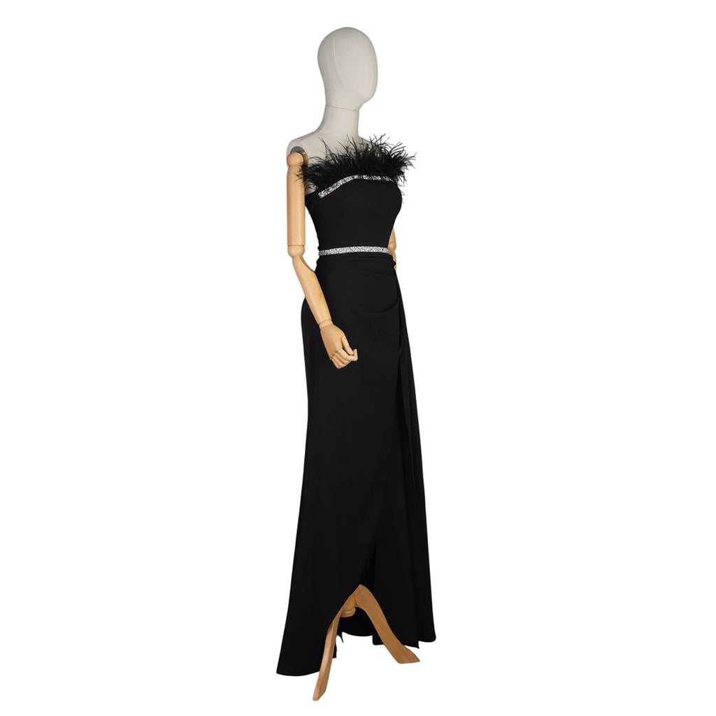Elegant Black Feather Dress with Rhinestones — Glamorous Evening Gown