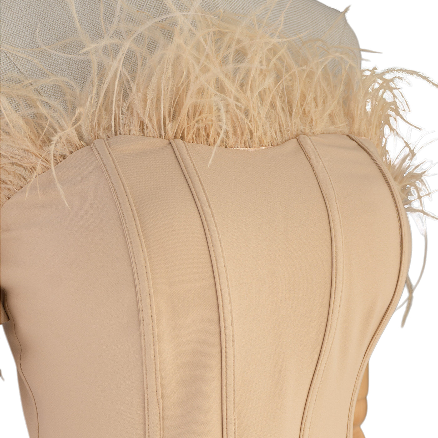 Beige Off-Shoulder Midi Dress with Feather Trim