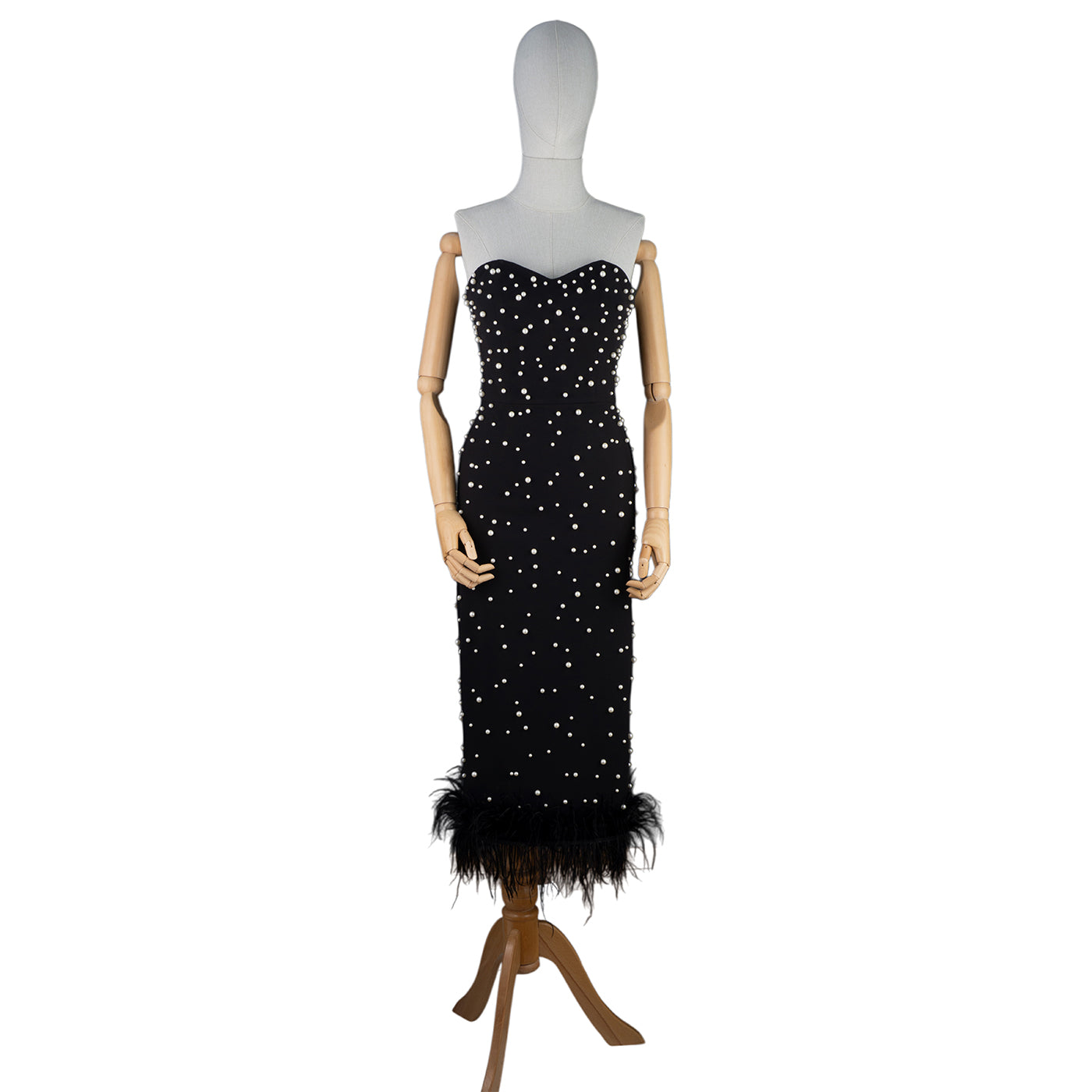 Black Strapless Midi Dress with Pearls and Feather Trim
