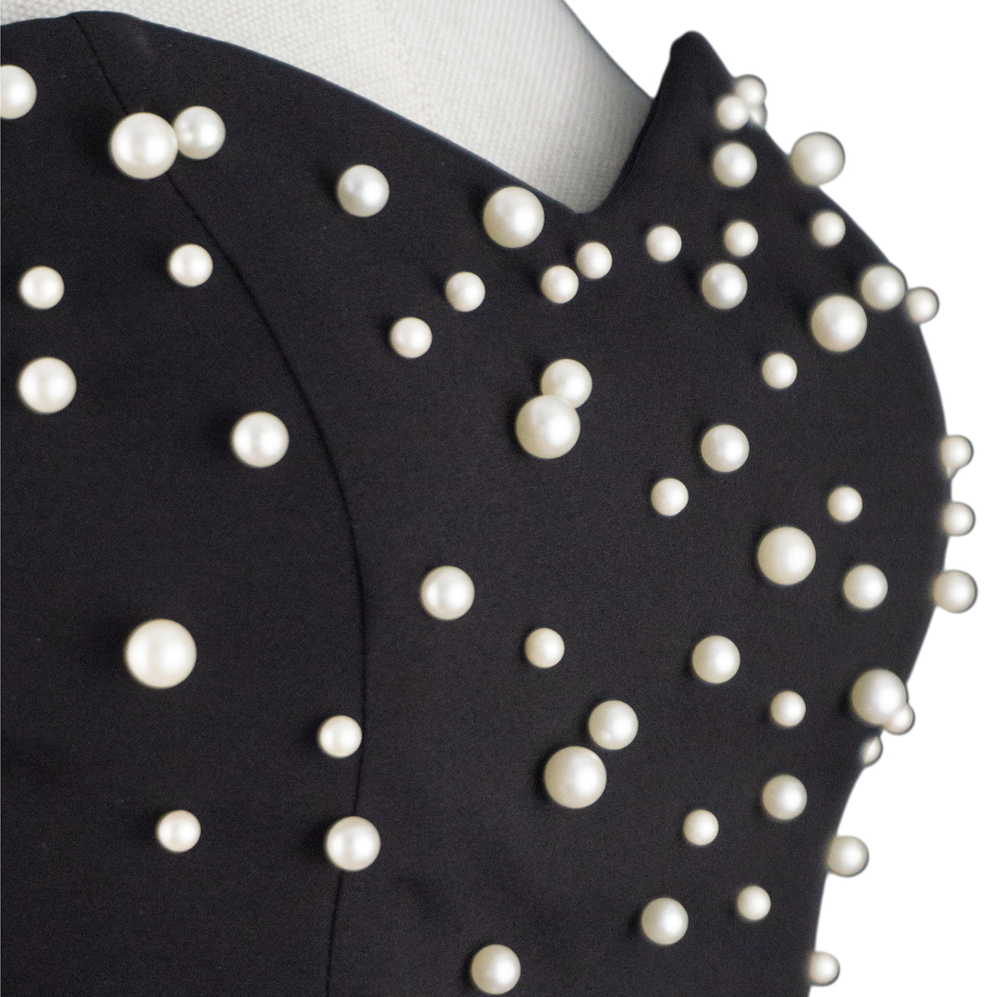 Black Strapless Midi Dress with Pearls and Feather Trim