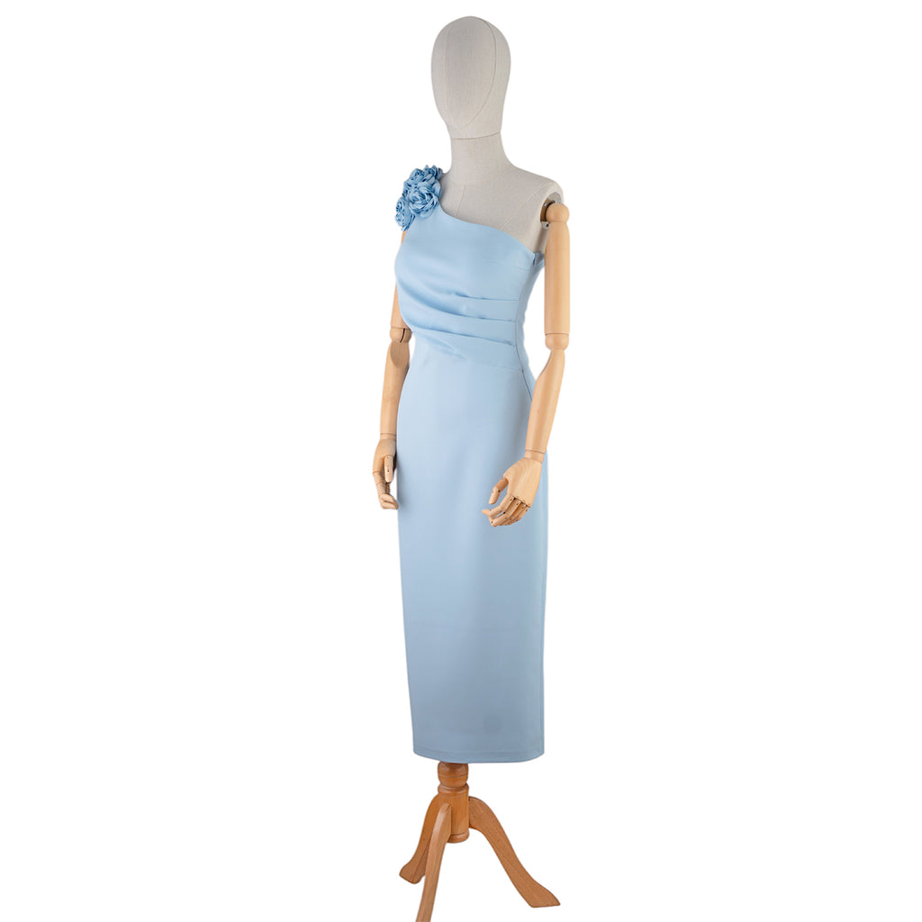 One-Shoulder Light Blue Dress with Floral Detail