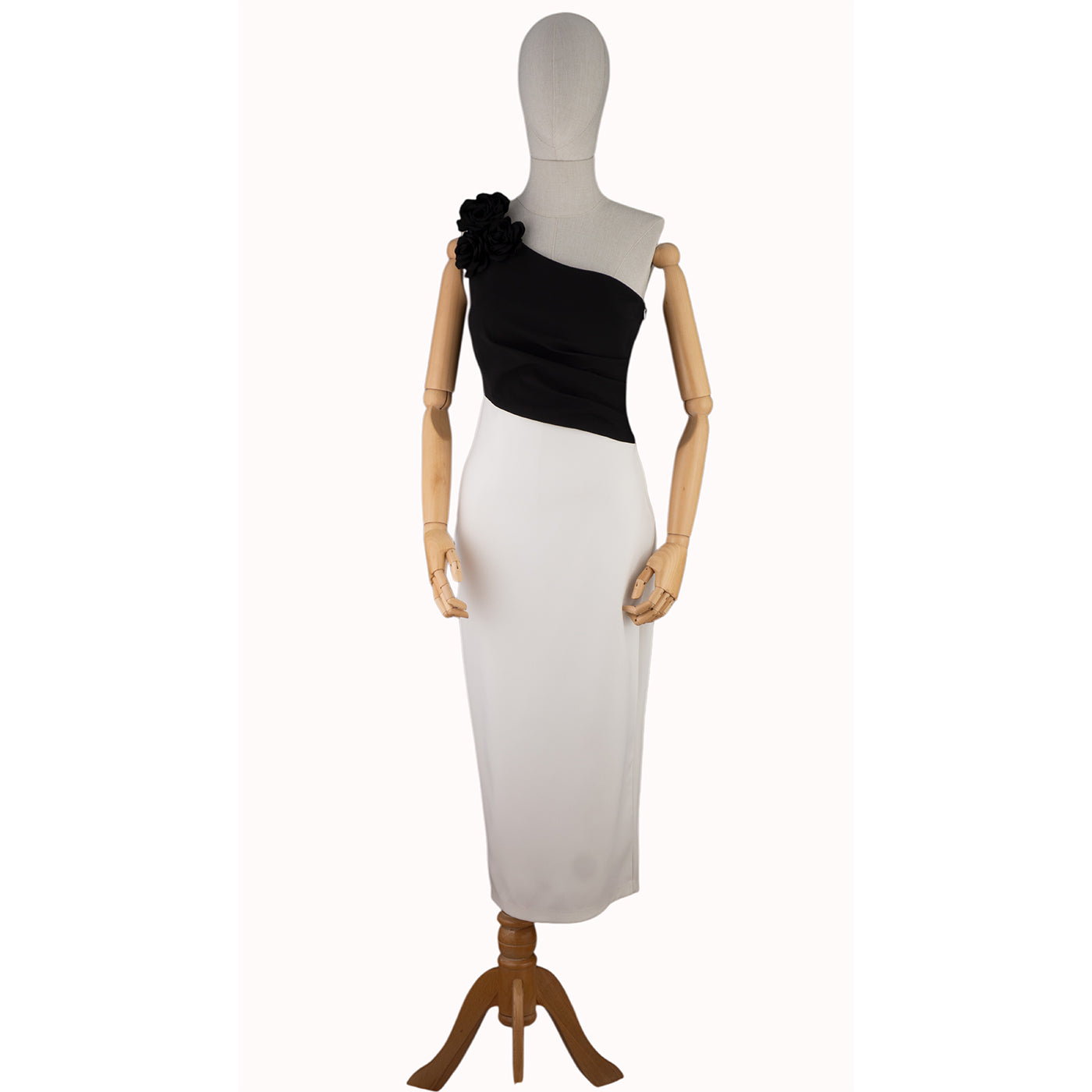 Black &amp; White One-Shoulder Dress with Floral Accent