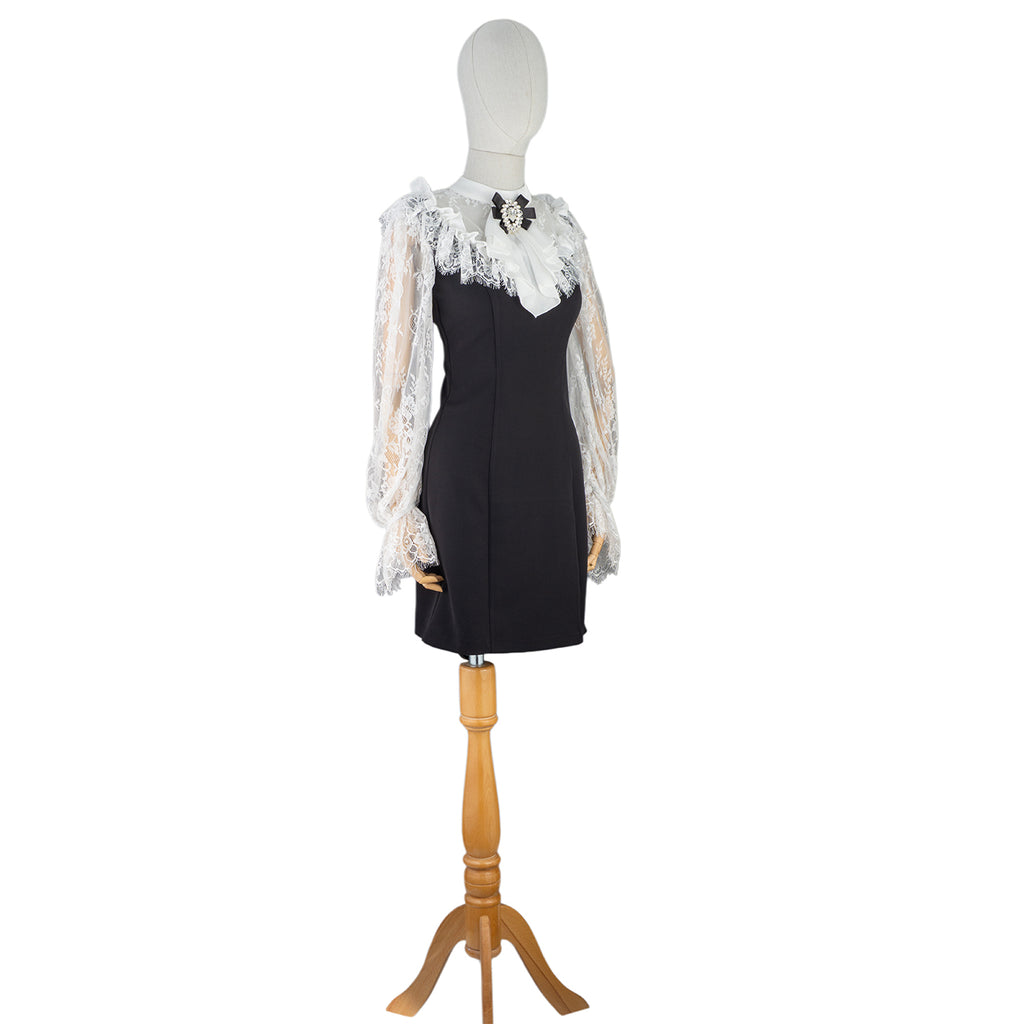 Black Mini Dress with Lace Sleeves &amp; Vintage Bow