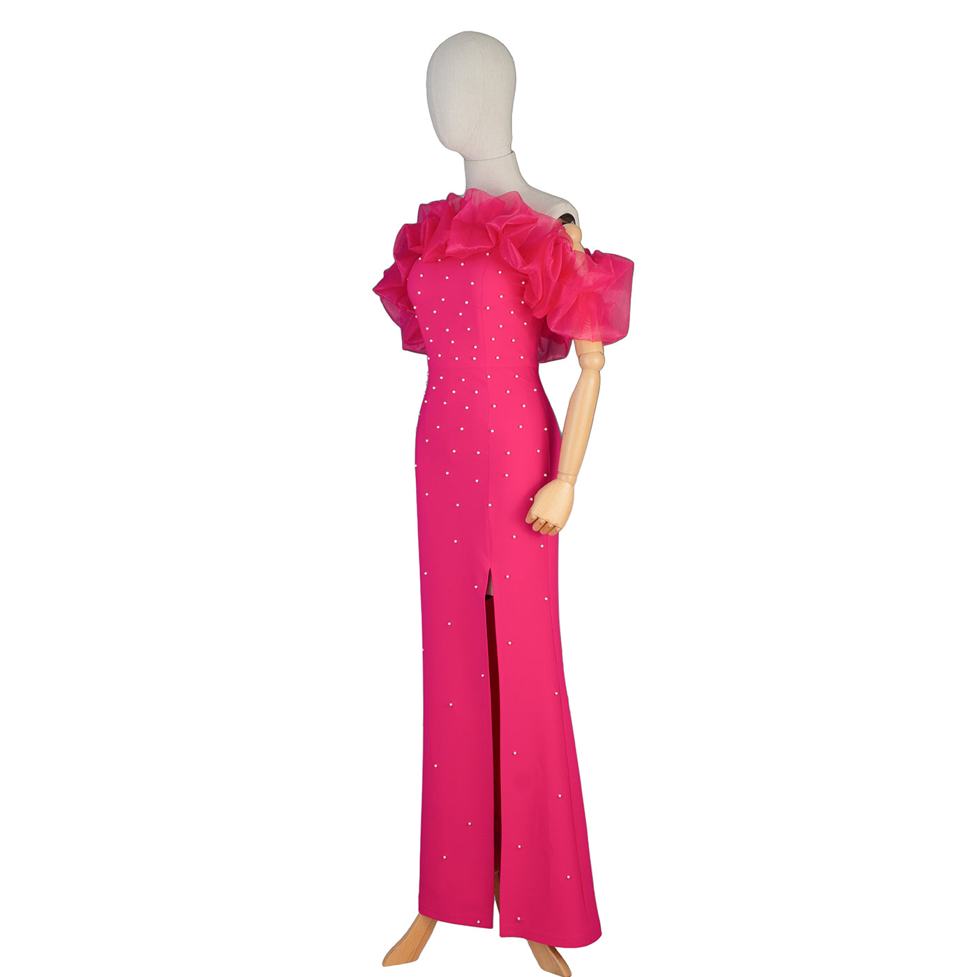Fuchsia Evening Gown with Puffy Sleeves &amp; Pearl Embellishment