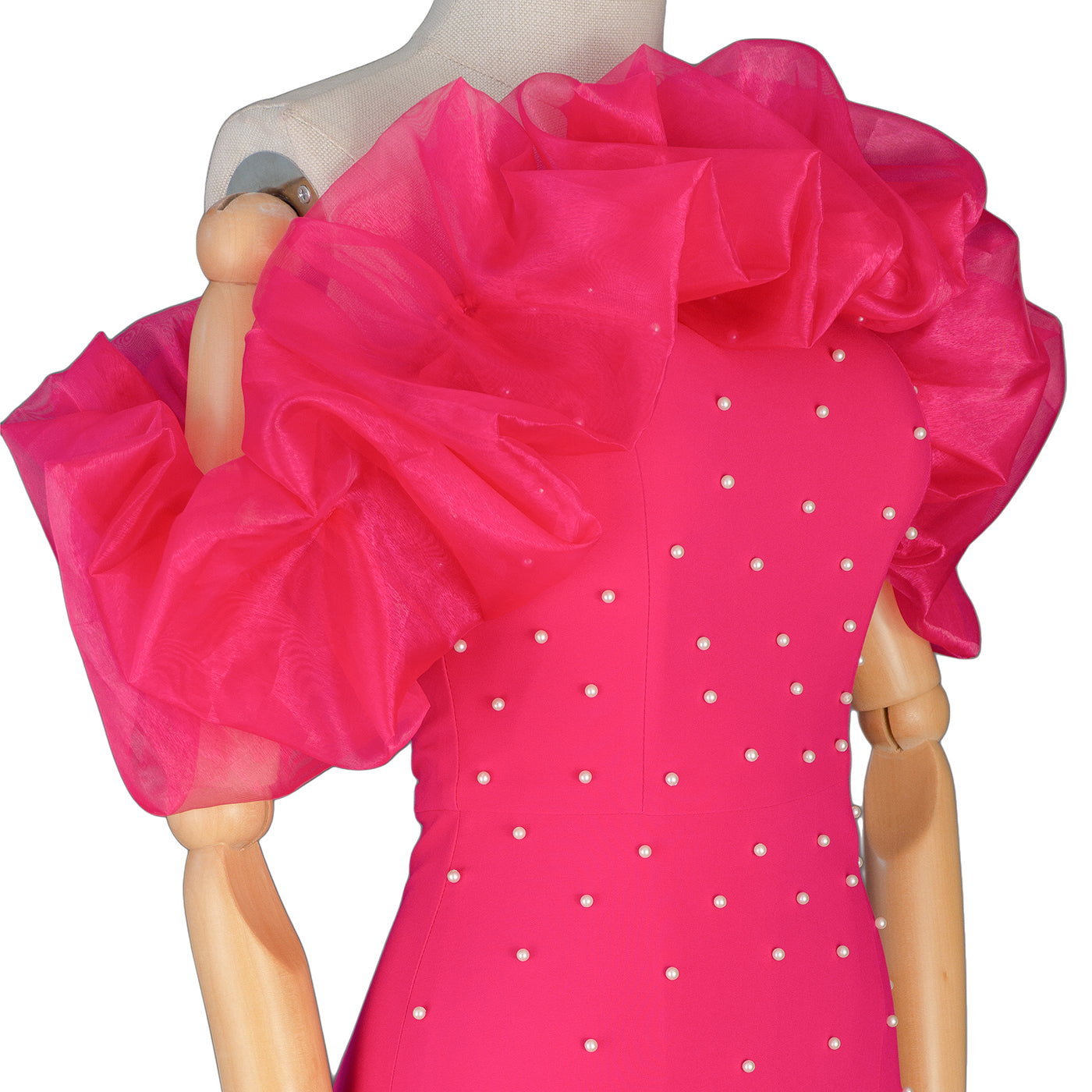 Fuchsia Evening Gown with Puffy Sleeves &amp; Pearl Embellishment