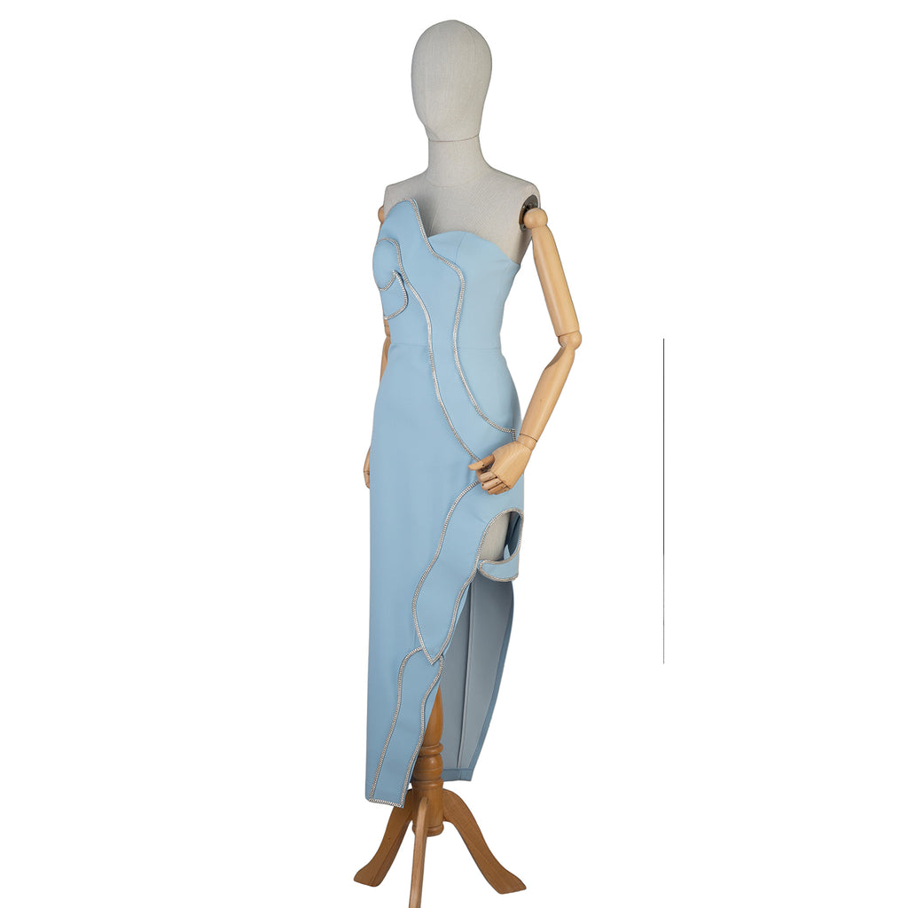 Light Blue Strapless Dress with Sculptural Rhinestone Trim