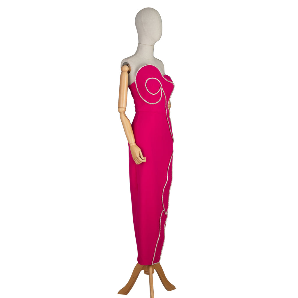 Hot Pink Strapless Dress with Wavy Rhinestone Trim