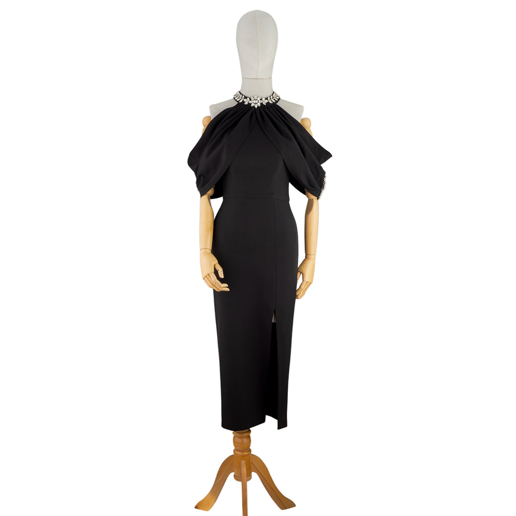 🖤 Off-Shoulder Black Midi Dress with Jewel Neckline