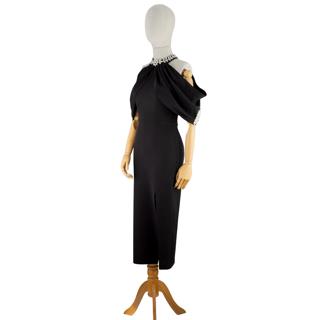 🖤 Off-Shoulder Black Midi Dress with Jewel Neckline