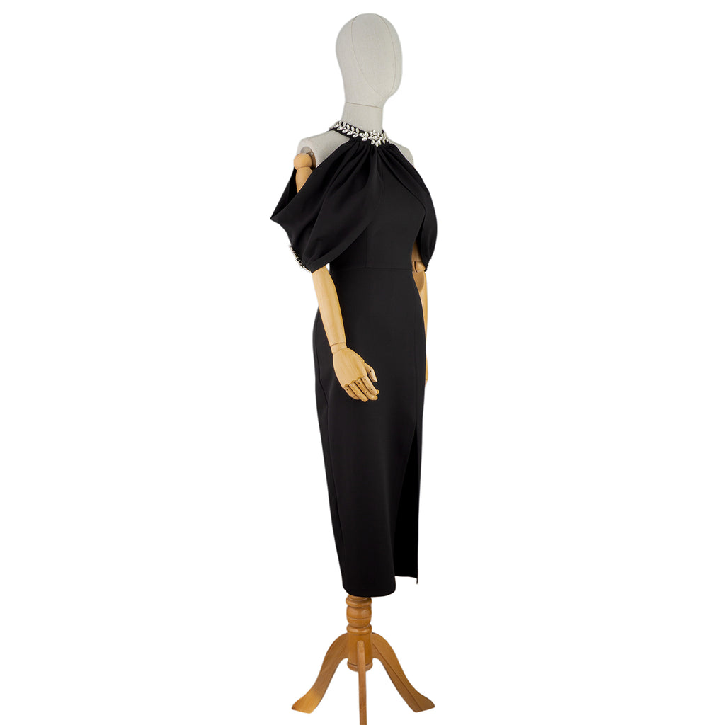 🖤 Off-Shoulder Black Midi Dress with Jewel Neckline