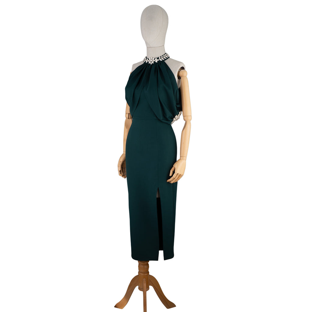 ✨ Elegant Draped Midi Dress with Embellished Neckline