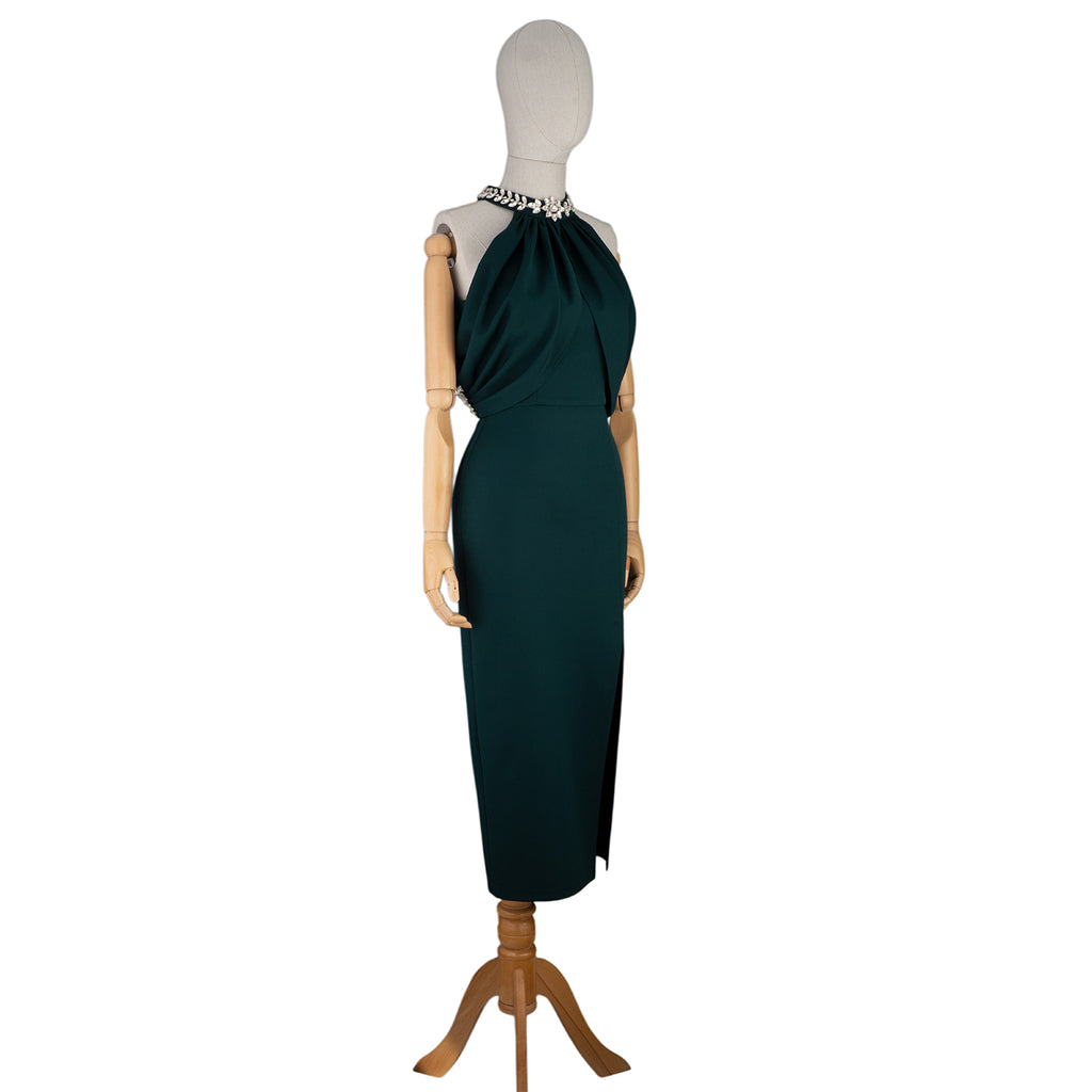 ✨ Elegant Draped Midi Dress with Embellished Neckline