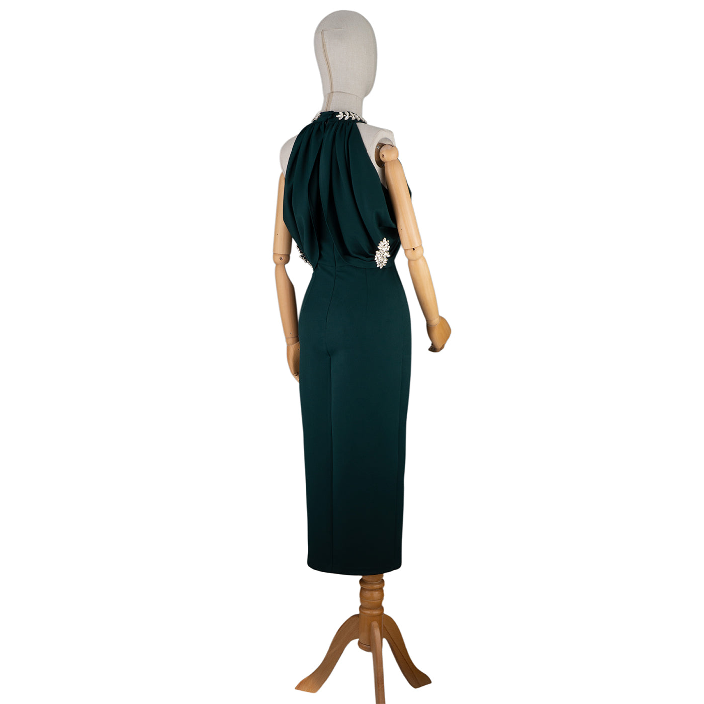 ✨ Elegant Draped Midi Dress with Embellished Neckline