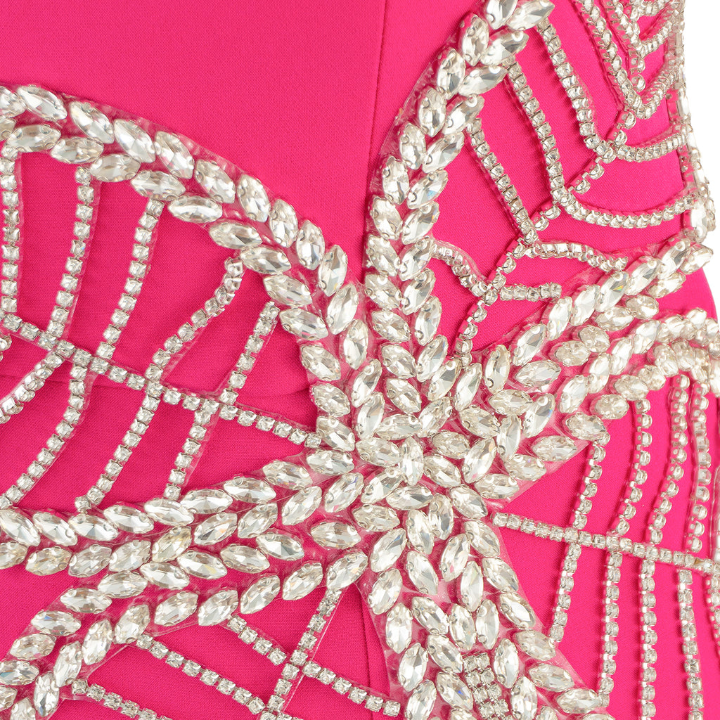 Fuchsia Strapless Midi Dress with Embroidered Waist – Bold and Beautiful