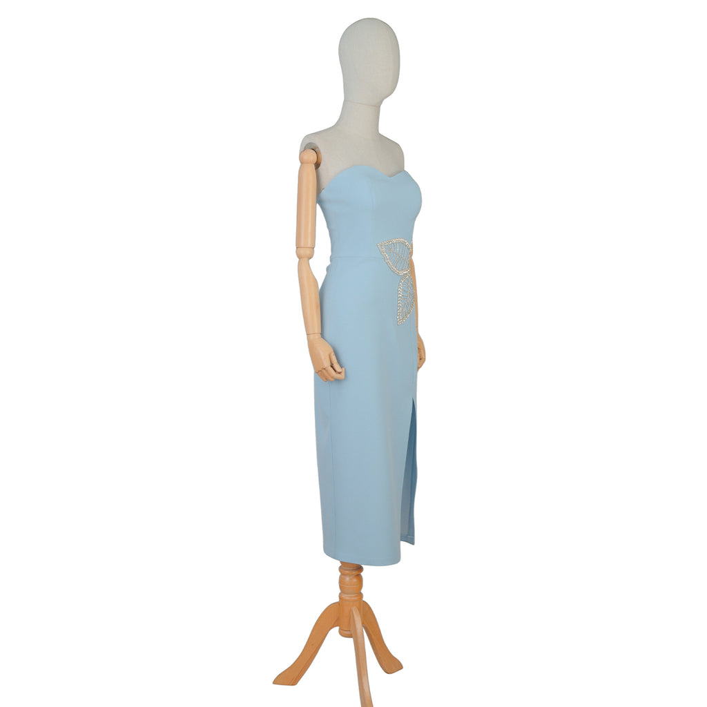 Light Blue Strapless Midi Dress with Embroidery