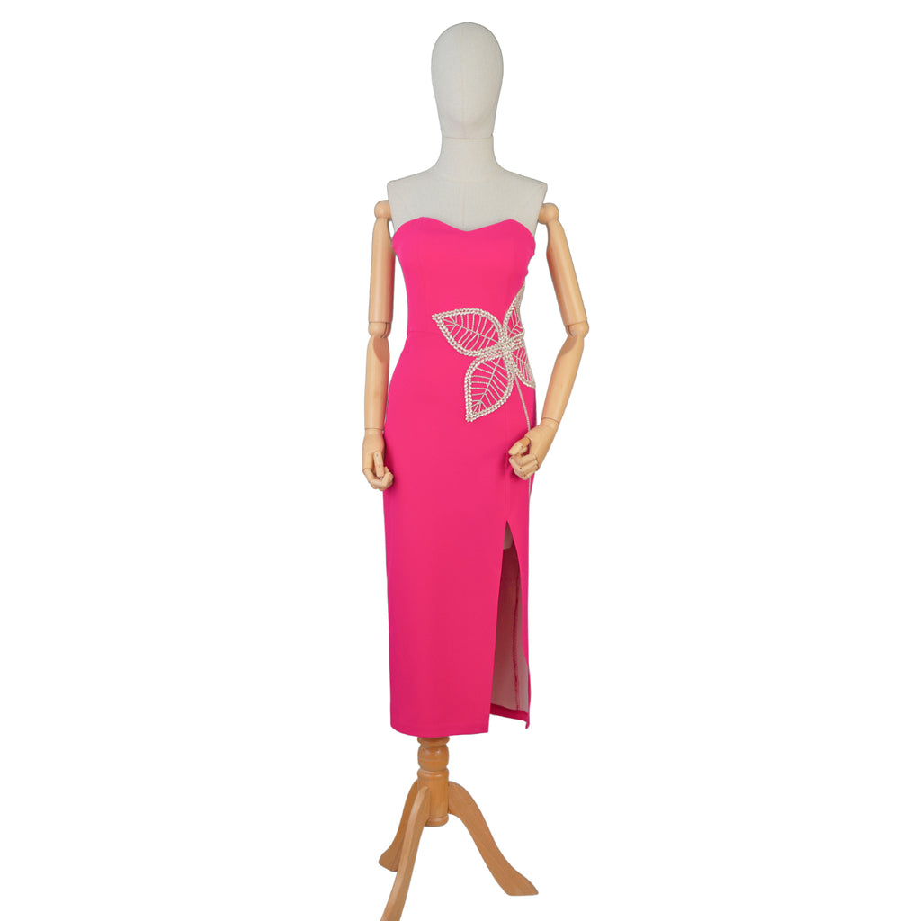 Fuchsia Strapless Midi Dress with Embroidered Waist – Bold and Beautiful