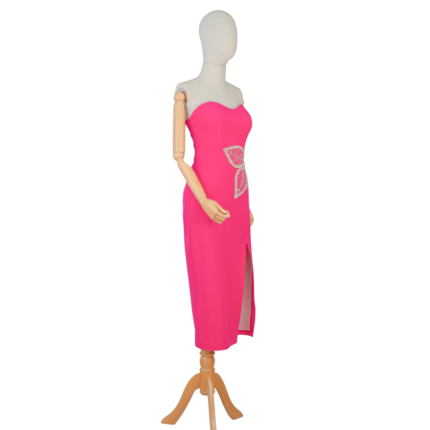 Fuchsia Strapless Midi Dress with Embroidered Waist – Bold and Beautiful