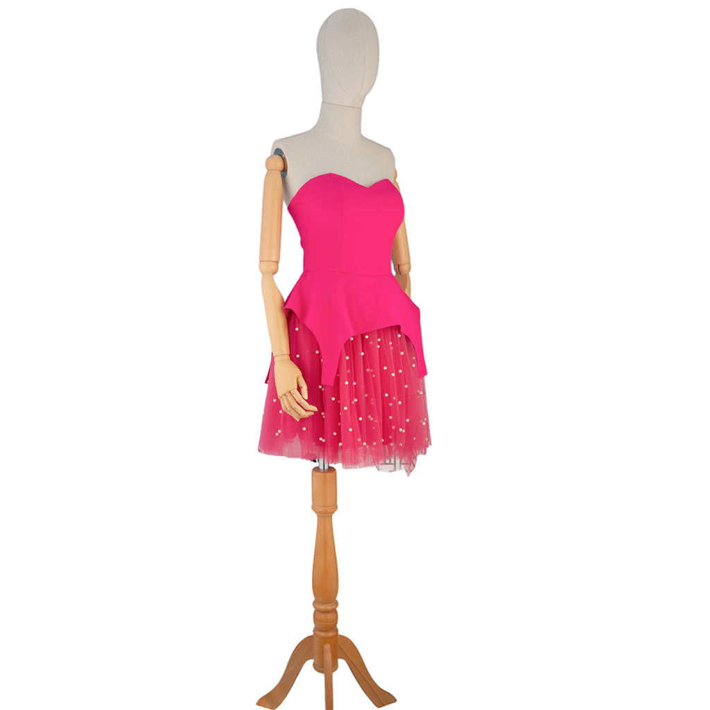 Hot Pink Dress with Tulle Skirt and Pearl Details