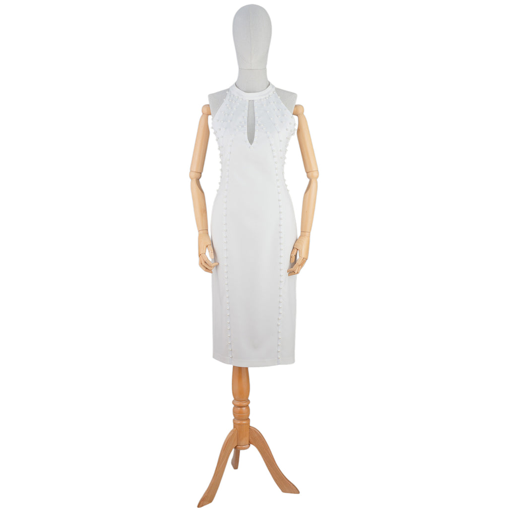 White Bodycon Dress with Pearl Stud Accents