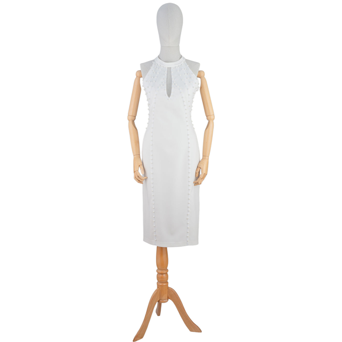 White Bodycon Dress with Pearl Stud Accents