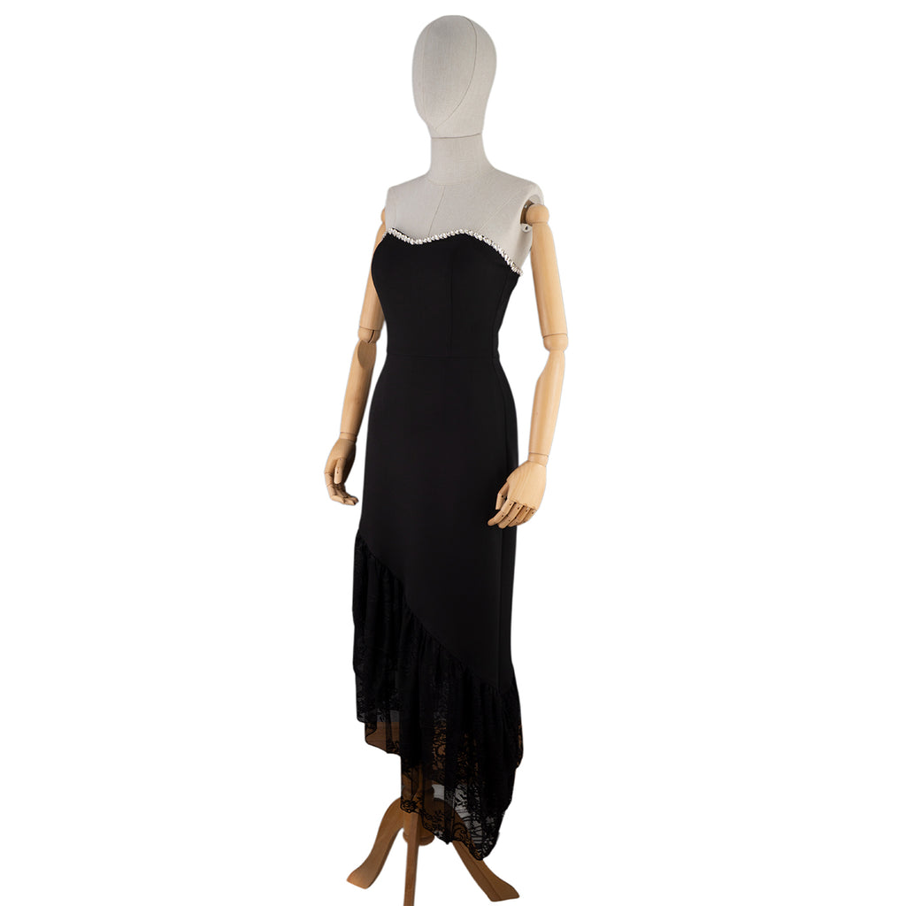 Black Strapless Dress with Asymmetrical Lace Hem