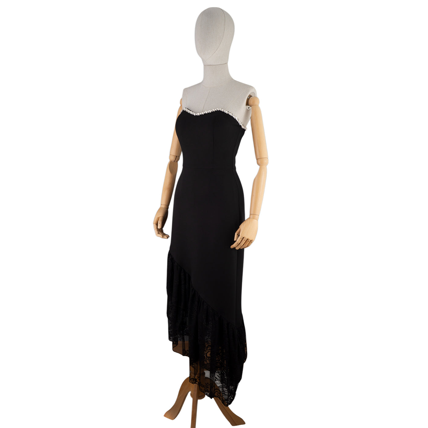 Black Strapless Dress with Asymmetrical Lace Hem
