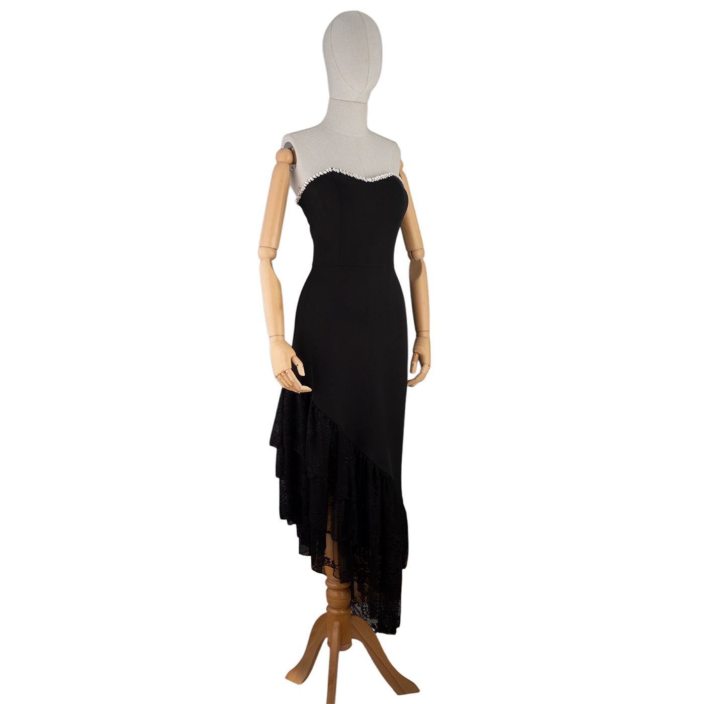 Black Strapless Dress with Asymmetrical Lace Hem
